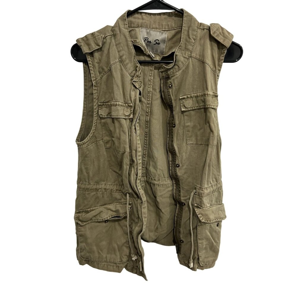 Per Se Lightweight Olive Utility Vest Multiple Pockets Drawstring Waist Sz S